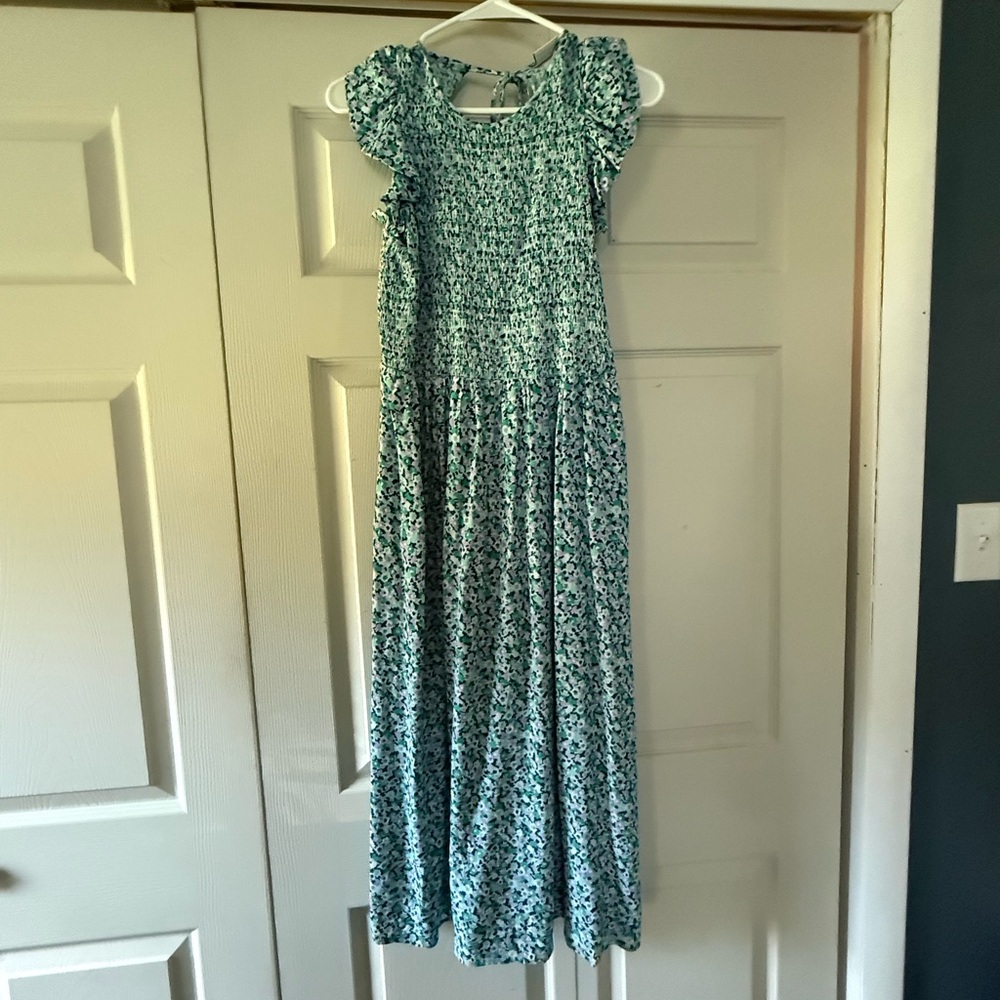 Floral Smocked Maxi Dress in Teal and White